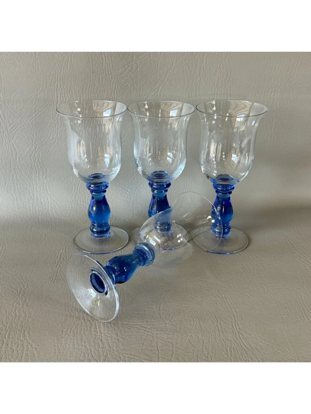 Vintage Royal Blue Stem Wine Glasses Water Goblets Tulip Clear Bowl Set of 4